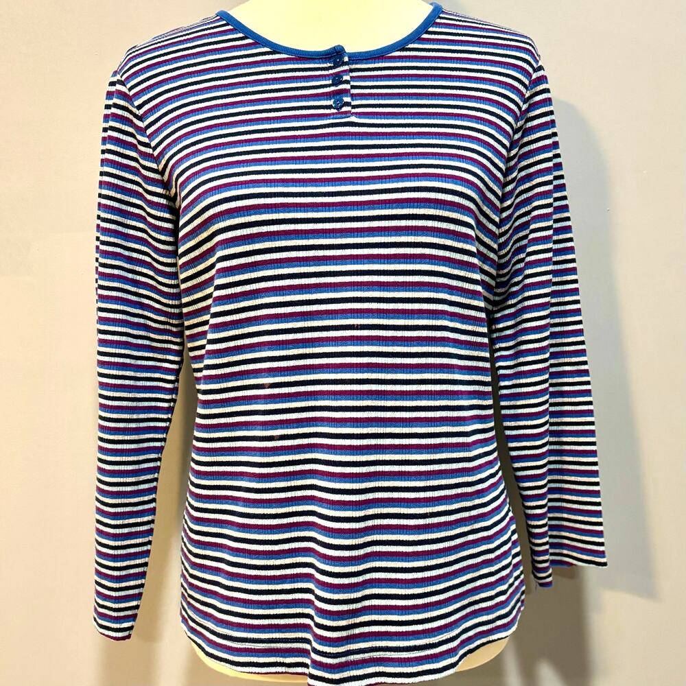 Vintage 90s Basic Editions Striped Ribbed Henley Top Blue Purple Grunge Skater M